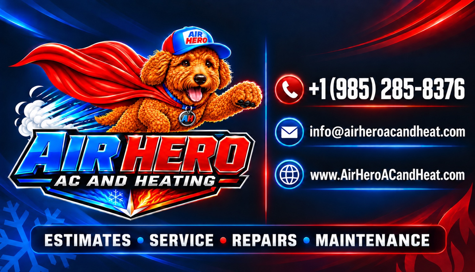 Air Hero A/C and Heating logo with a superhero dog and contact information